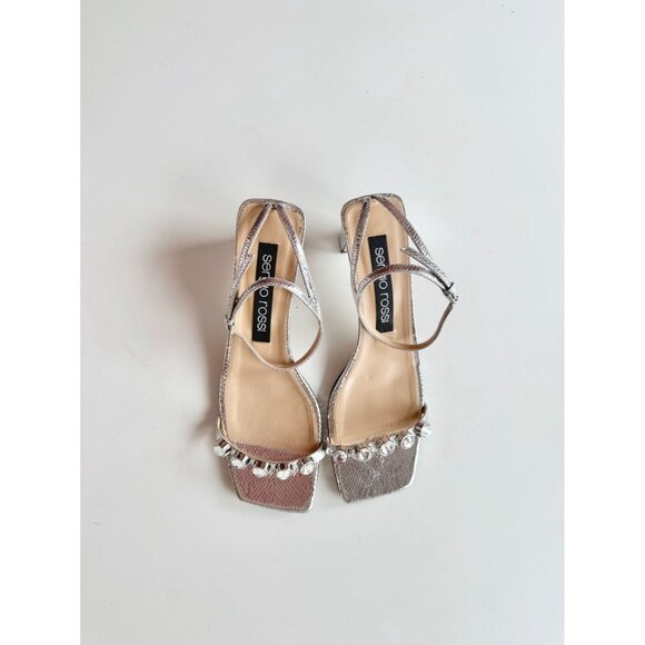 SERGIO ROSSI SR1 Silver Snake Leather Crystal Studded Block Sandals, Size 40.5 - Picture 2 of 14